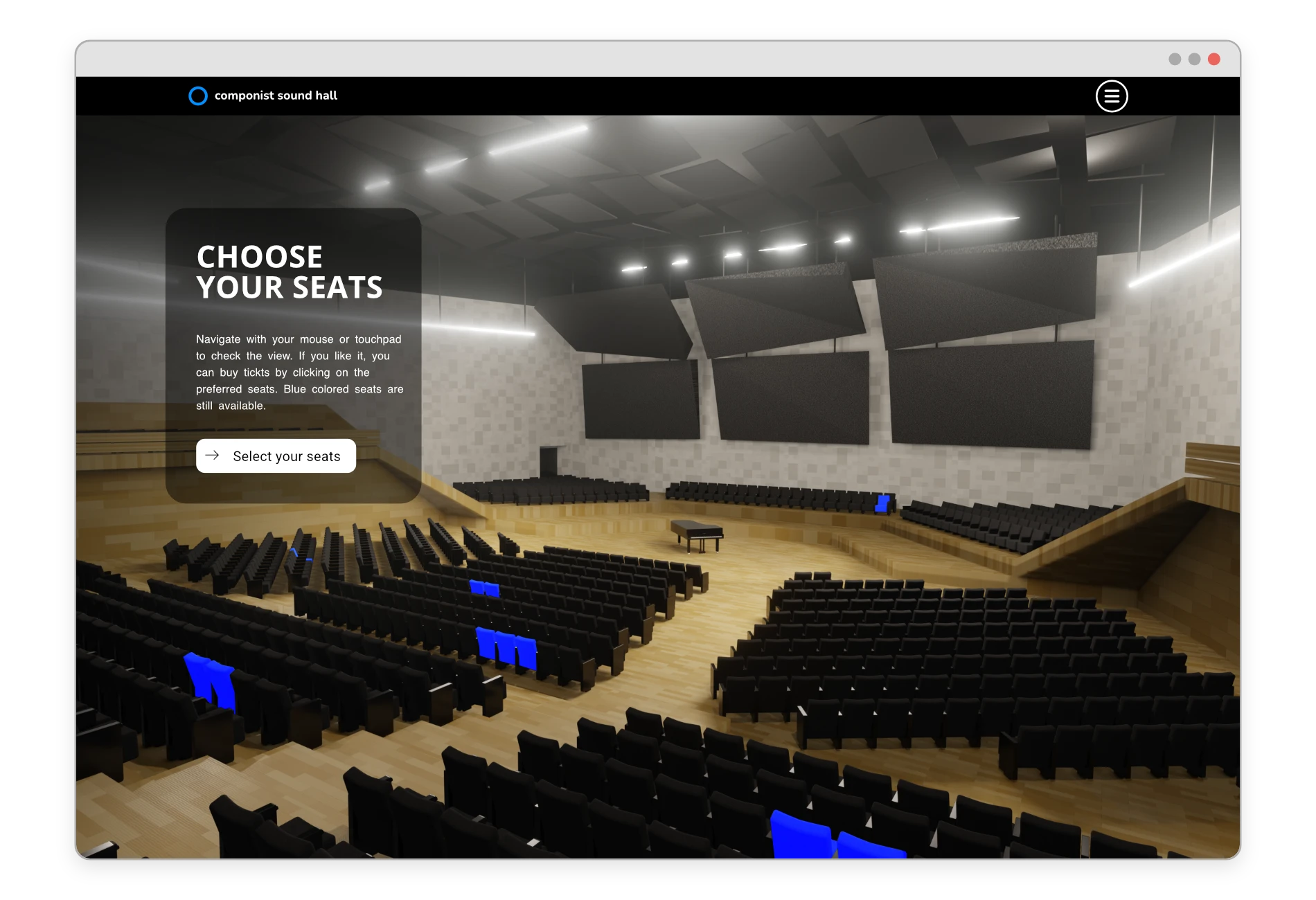 Darstellung eines 3D Konzersaal oder Theaters mit interaktiver Buchungsmöglichkeit